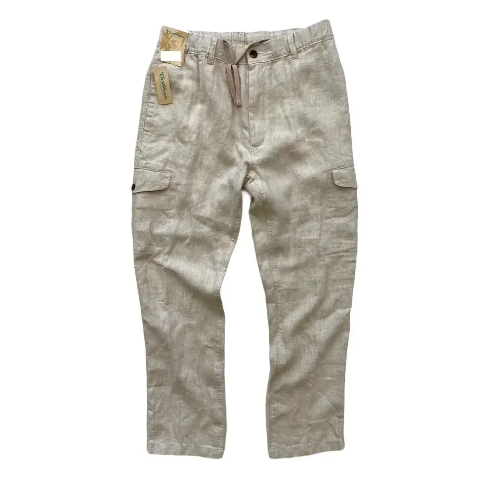 Caribbean Roundtree Yorke Nwt Natural Khaki Linen Drawstring Cargo Pants 46 x 32